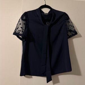 Allegra K Navy Blouse with Sheer Polka Dot Sleeves
